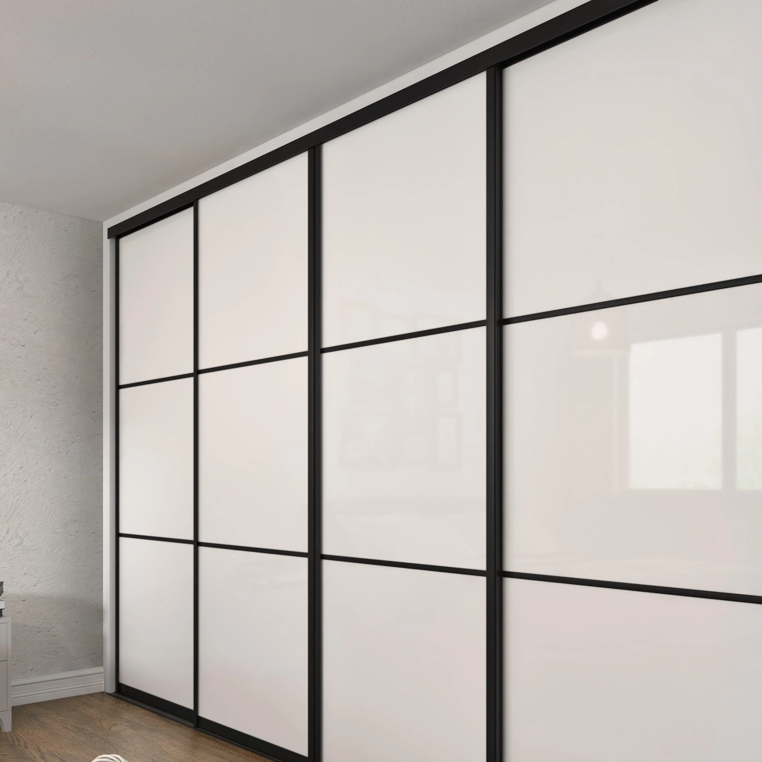 Curve White Glass Sliding Door Wardrobe Kit 4 Panel Matt Black Frame - Image 3