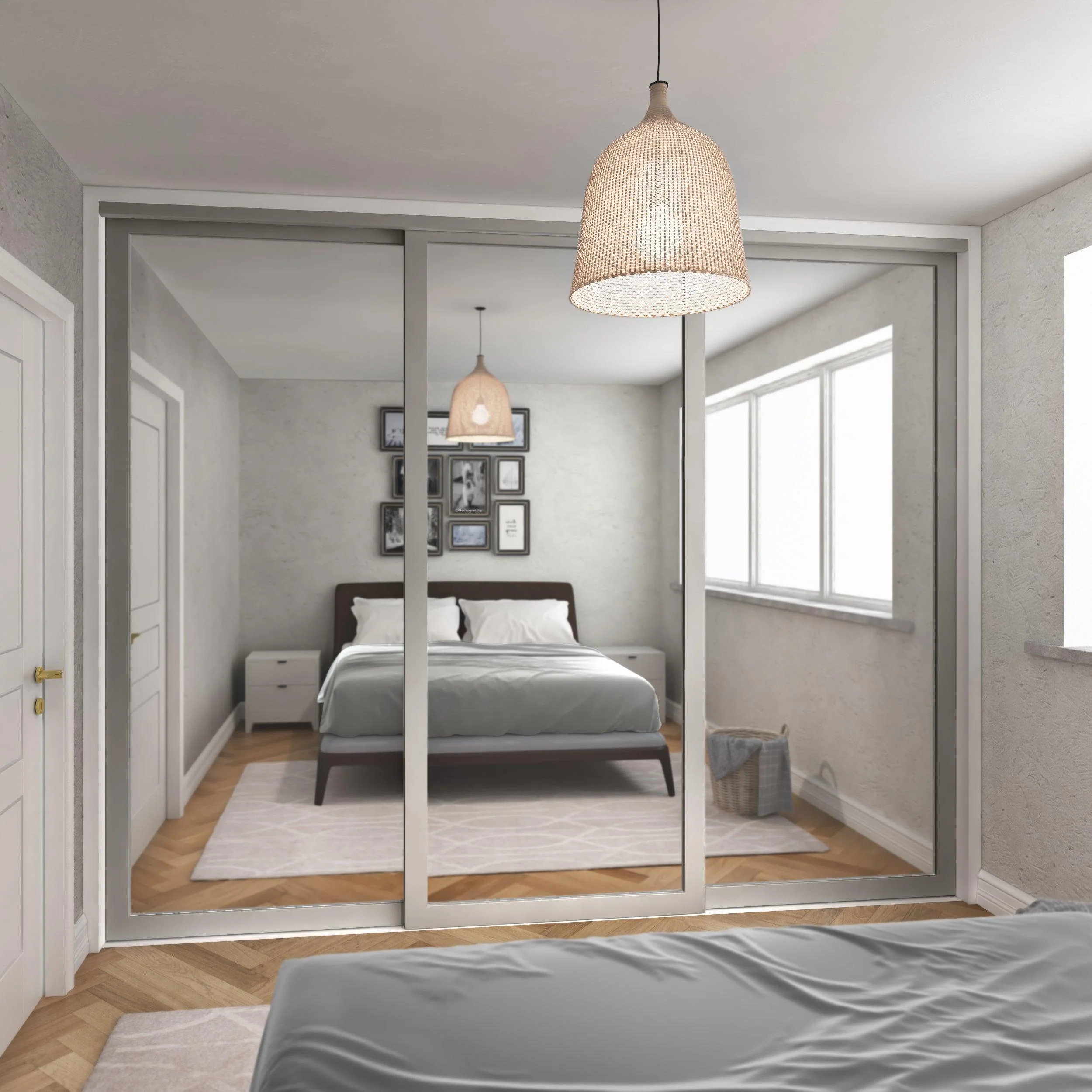 Shaker Mirror Sliding Door Wardrobe Kit Light Grey 3 Panel with Steel Frame