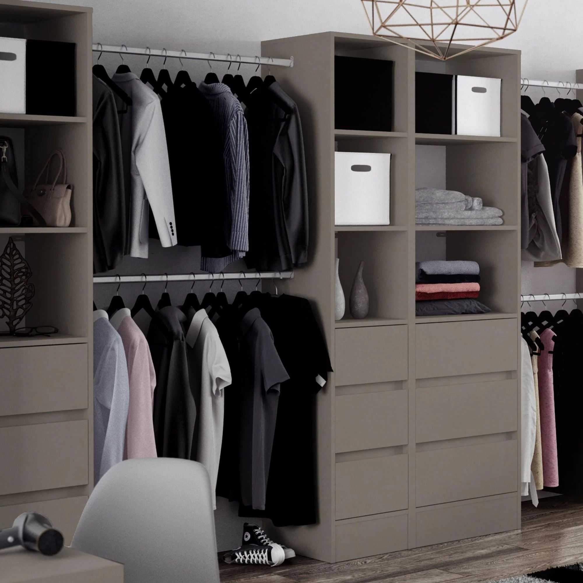 Stone Grey 3 Drawer Soft Close Wardrobe Shelving Unit with Hanging Bars - Image 3