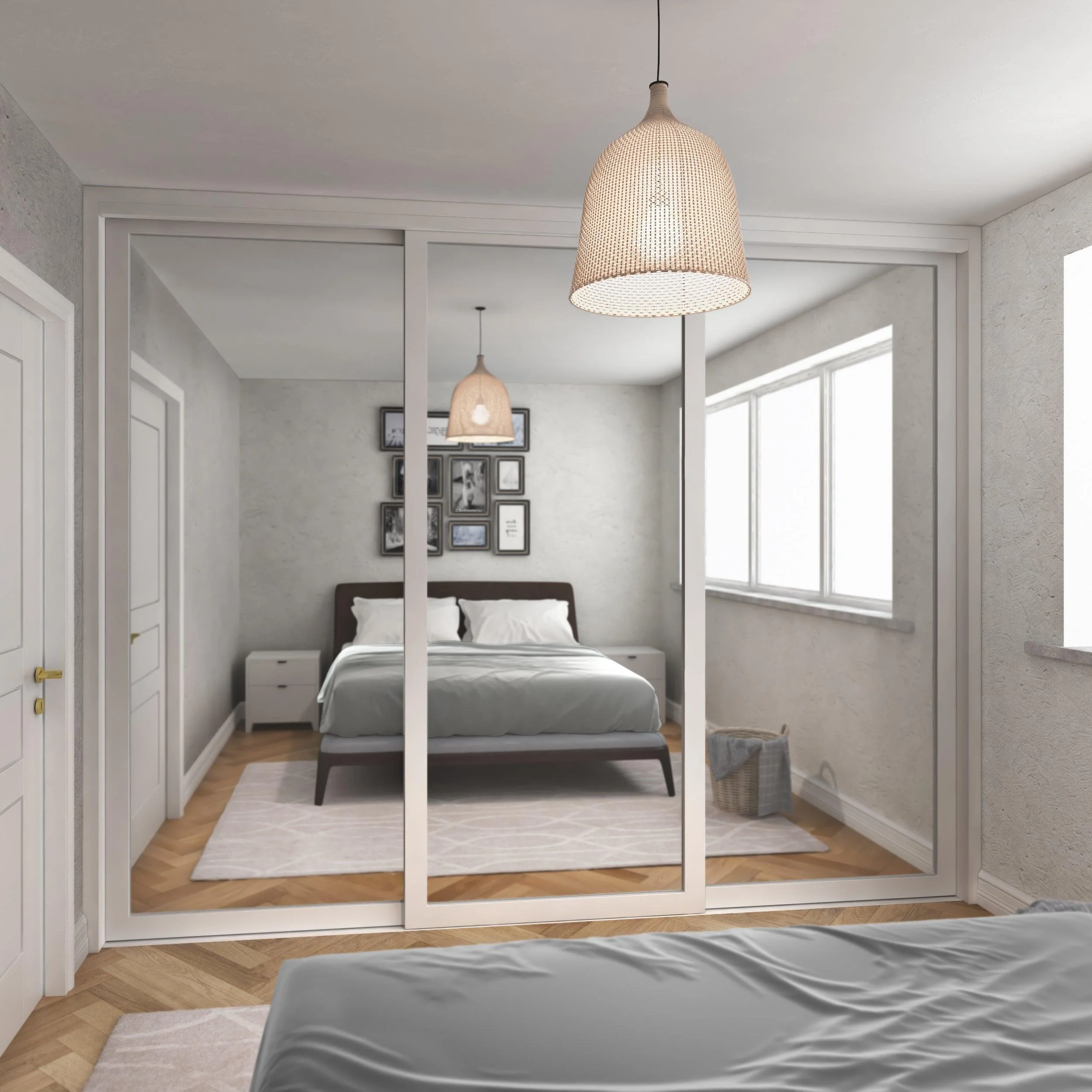 Shaker Mirror Sliding Wardrobe Door Kit White Steel Frame 3 Panels