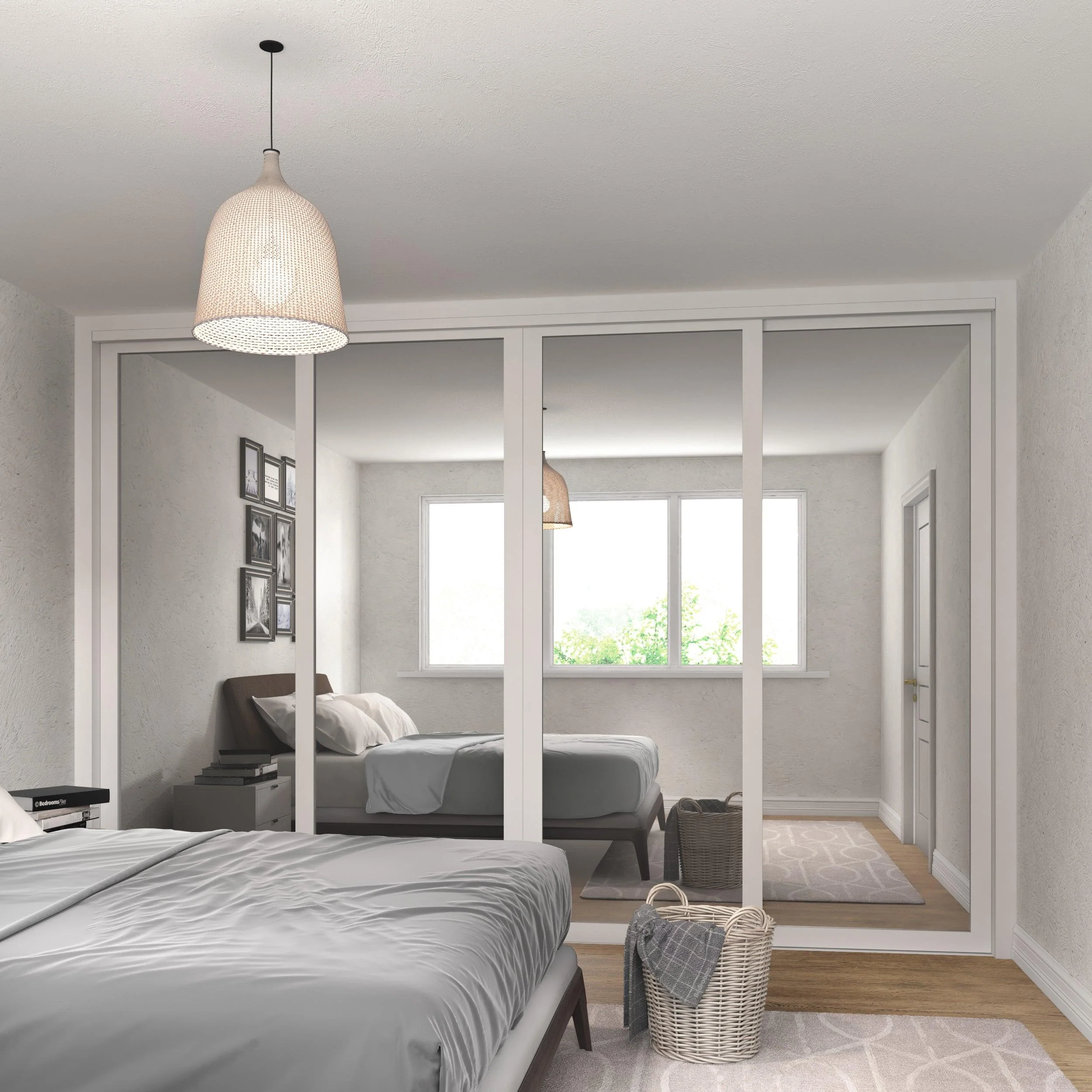 Shaker Mirror Sliding Door Wardrobe Kit White Frame 4 Panel